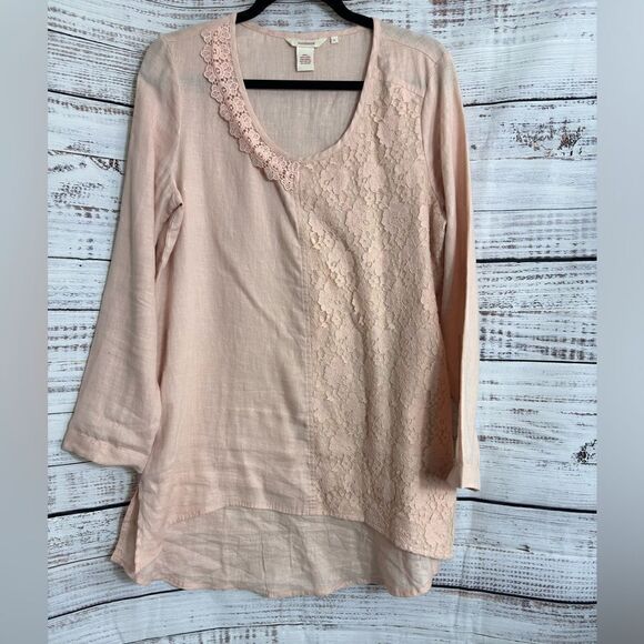 Sundance Top womens size large linen Pale pink blush Tunic Boho Minimalist lace - Picture 1 of 10
